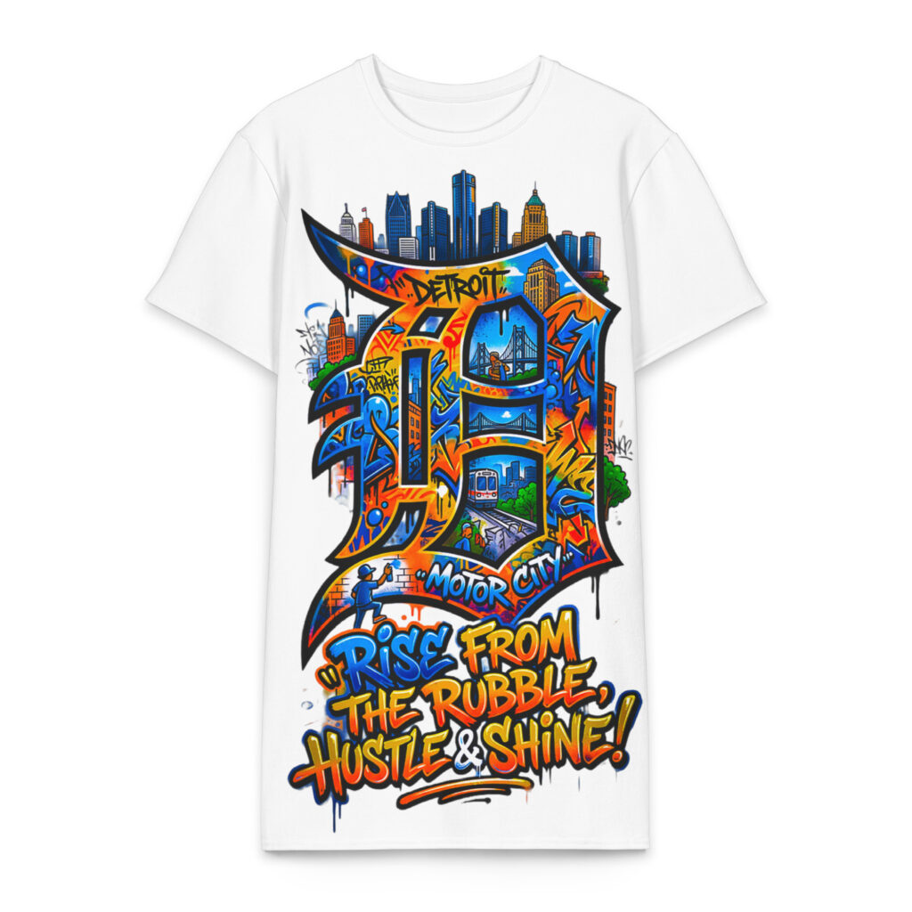 2X-6XL White Detroit Heavyweight Cotton Graffiti T-Shirt Dress | CD0039#