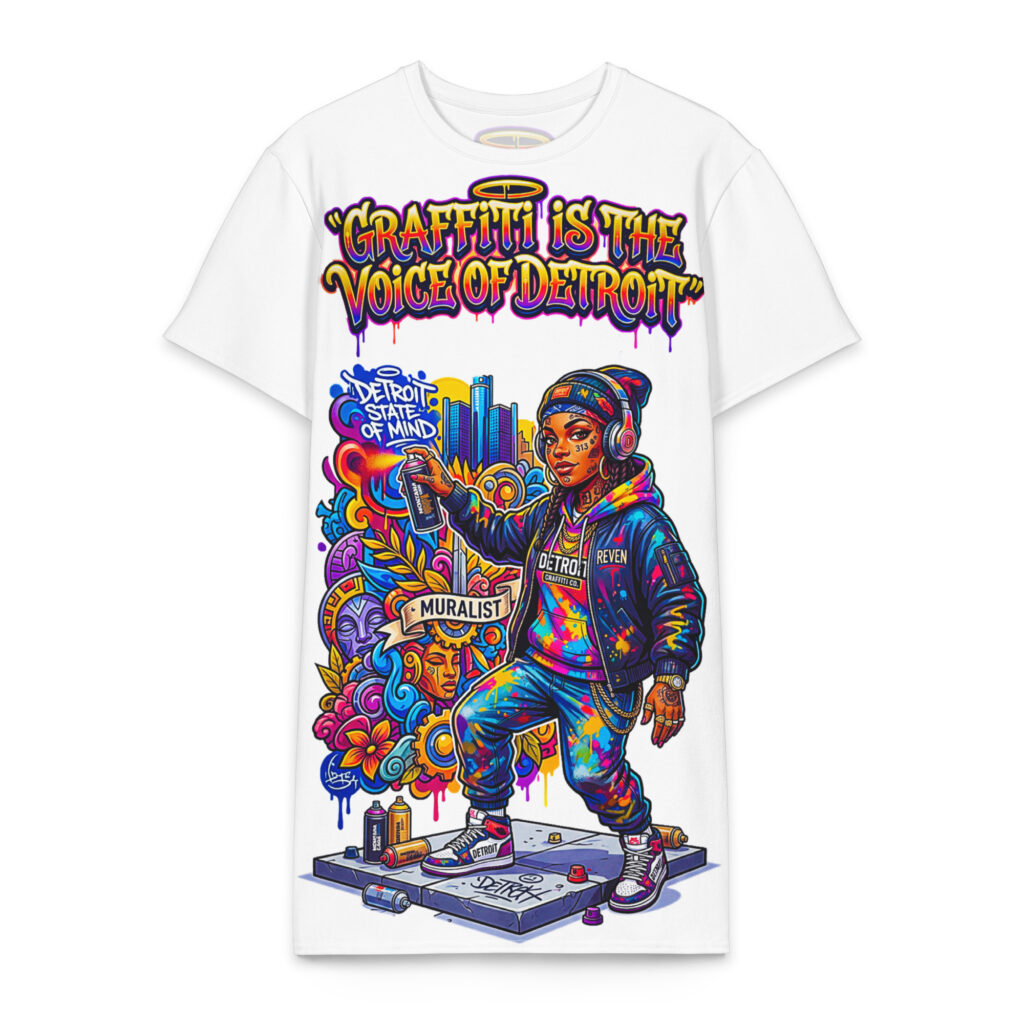 2XL-6XL White Detroit Drip Heavyweight Cotton Graffiti T-Shirt Dress | CD0016#