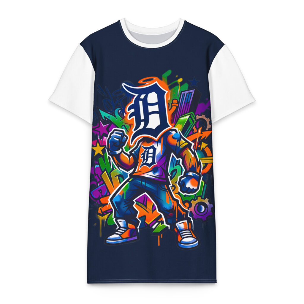 2X-6XL Navy/White Detroit Heavyweight Cotton Graffiti T-Shirt Dress | CD0040#
